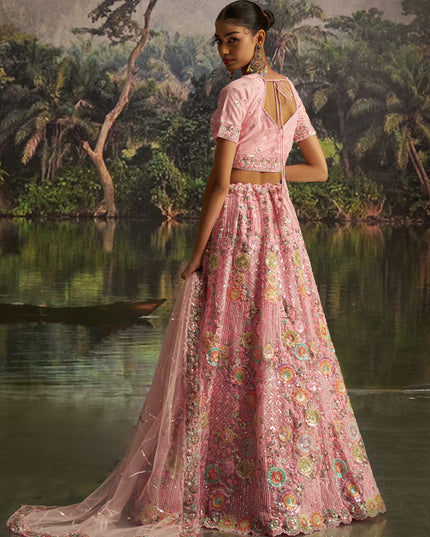 Alluring Rose Pink Soft Embroidered Net Designer Wedding Lehenga Choli Set