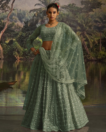 Captivating Sea Green Soft Embroidered Net Designer Wedding Lehenga Choli Set