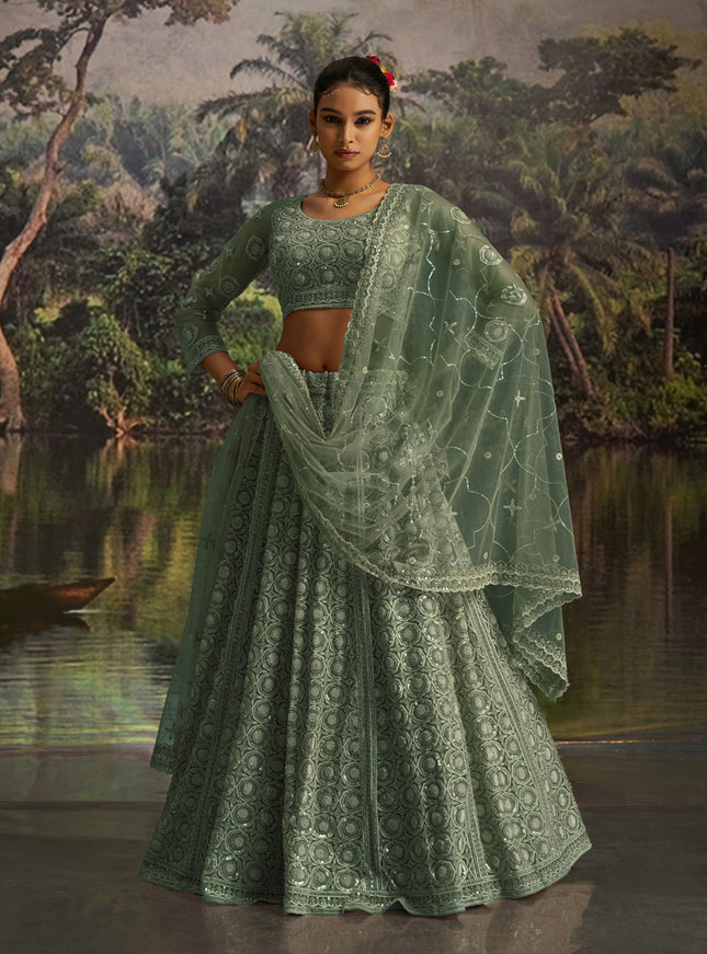 Captivating Sea Green Soft Embroidered Net Designer Wedding Lehenga Choli Set