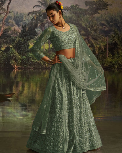 Captivating Sea Green Soft Embroidered Net Designer Wedding Lehenga Choli Set