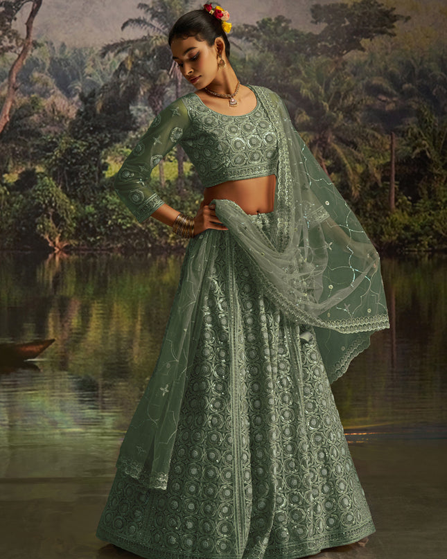 Captivating Sea Green Soft Embroidered Net Designer Wedding Lehenga Choli Set