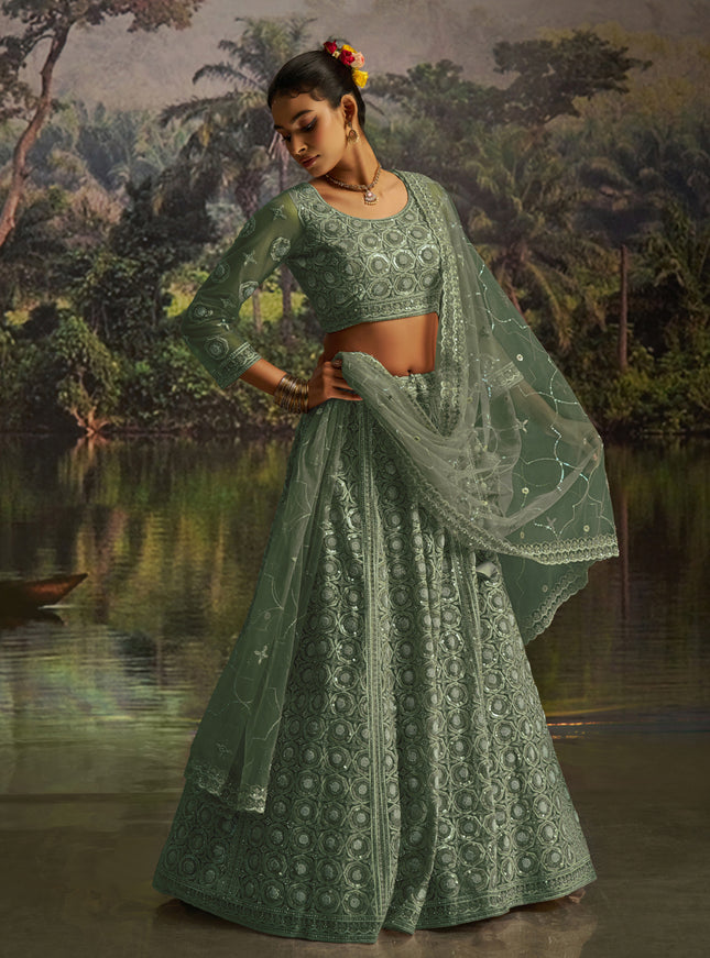 Captivating Sea Green Soft Embroidered Net Designer Wedding Lehenga Choli Set