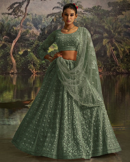 Captivating Sea Green Soft Embroidered Net Designer Wedding Lehenga Choli Set