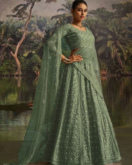 Captivating Sea Green Soft Embroidered Net Designer Wedding Lehenga Choli Set