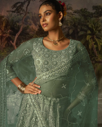 Captivating Sea Green Soft Embroidered Net Designer Wedding Lehenga Choli Set