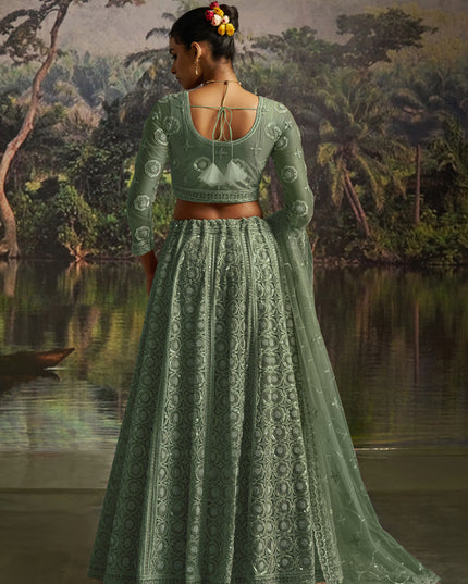Captivating Sea Green Soft Embroidered Net Designer Wedding Lehenga Choli Set
