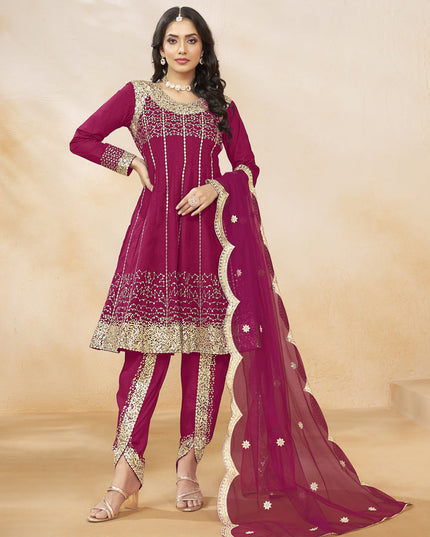 Raspberry Pink Art Silk Embroidered Dhoti Salwar Kameez