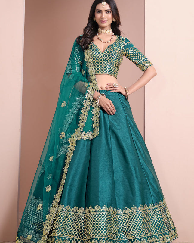 firozi art silk embroidered lehenga choli for wedding