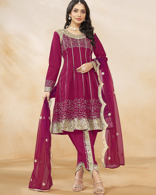 Raspberry Pink Art Silk Embroidered Dhoti Salwar Kameez