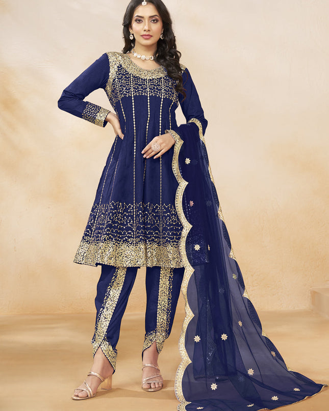 Navy Blue Art Silk Embroidered Dhoti Salwar Kameez