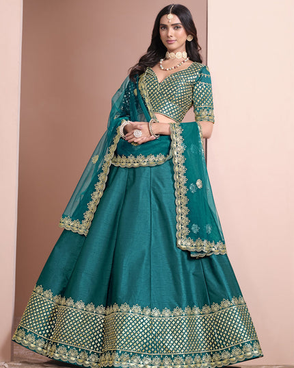 firozi art silk embroidered lehenga choli for wedding