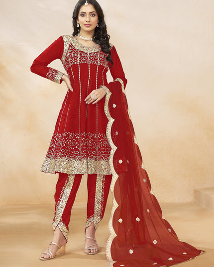 Rust Red Art Silk Embroidered Dhoti Salwar Kameez