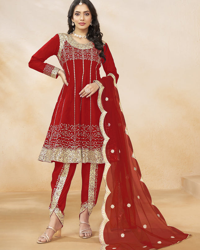Rust Red Art Silk Embroidered Dhoti Salwar Kameez