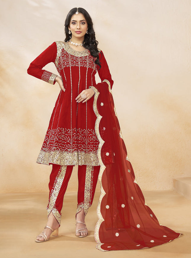 Rust Red Art Silk Embroidered Dhoti Salwar Kameez