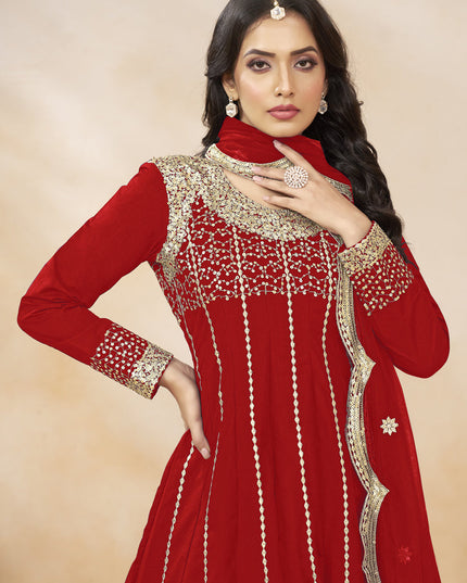Rust Red Art Silk Embroidered Dhoti Salwar Kameez