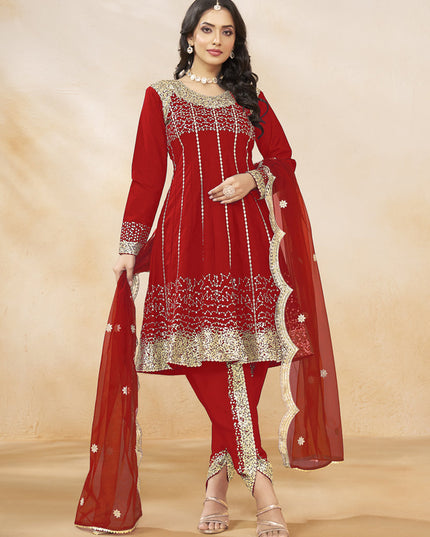 Rust Red Art Silk Embroidered Dhoti Salwar Kameez