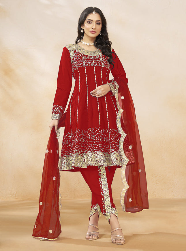Rust Red Art Silk Embroidered Dhoti Salwar Kameez