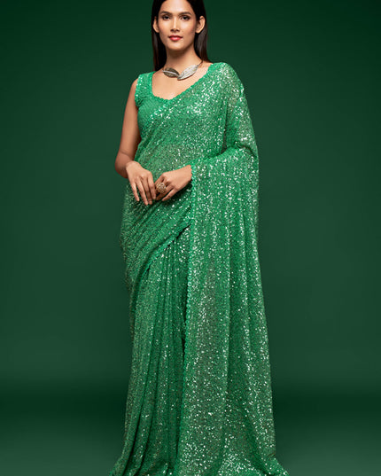 Exquisite Mint Green Georgette Thread and Sequins Embroidery Saree