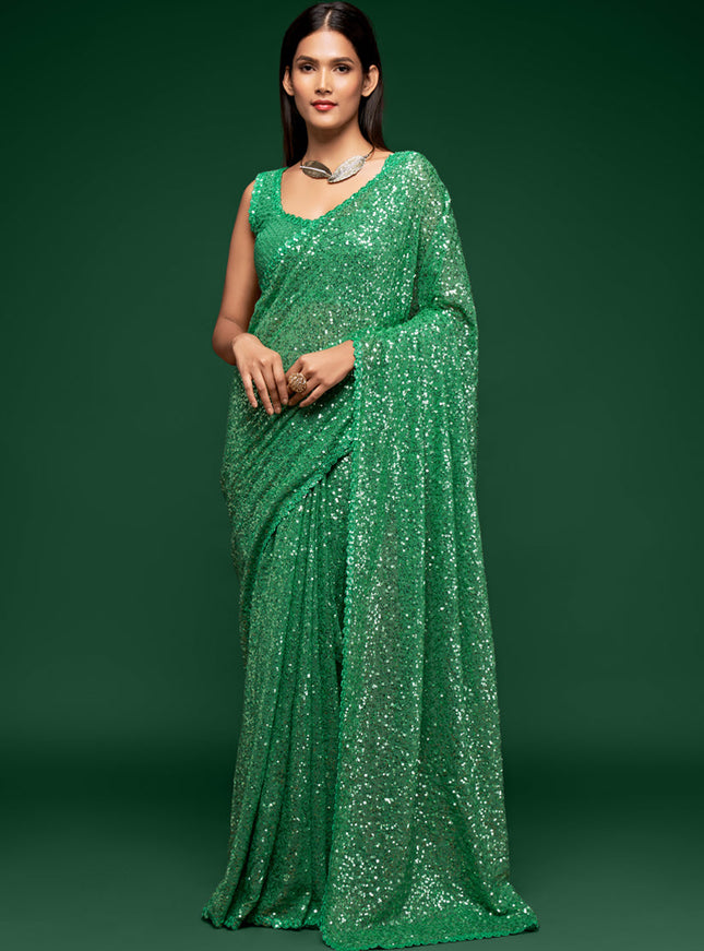 Exquisite Mint Green Georgette Thread and Sequins Embroidery Saree