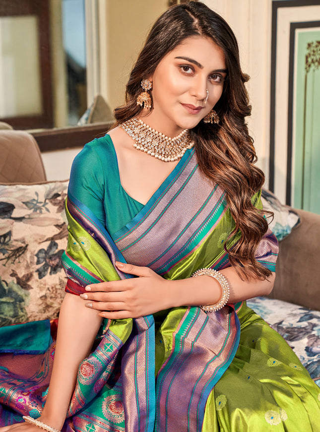 Lime Green Peshwai Paithani Silk Woven Saree