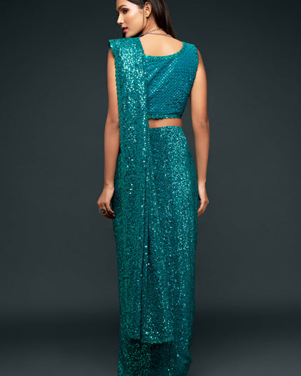 Charismatic Teal Blue Georgette Thread and Sequins Embroidery Saree