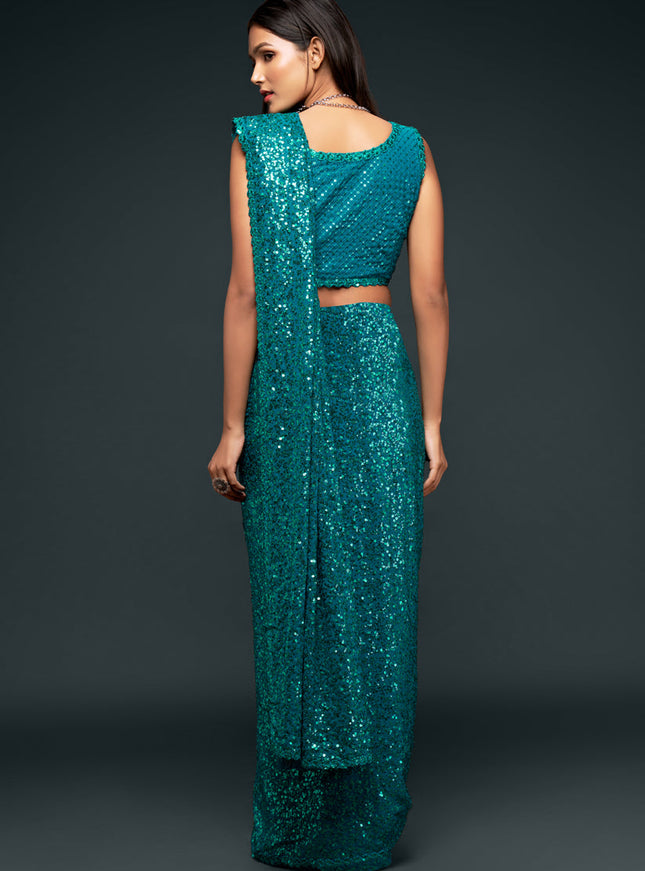 Charismatic Teal Blue Georgette Thread and Sequins Embroidery Saree
