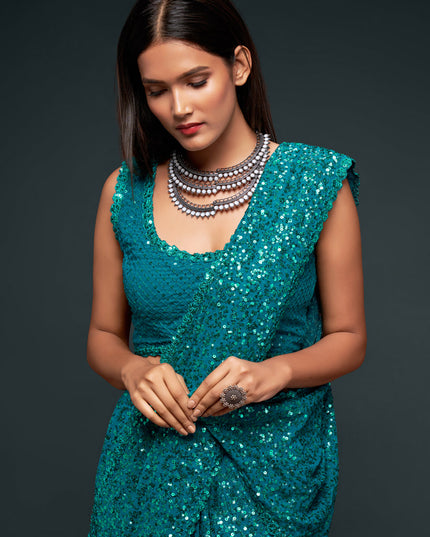 Charismatic Teal Blue Georgette Thread and Sequins Embroidery Saree