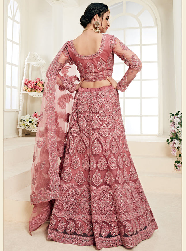 Dashing Old Rose Net Embroidered Designer Lehenga Choli