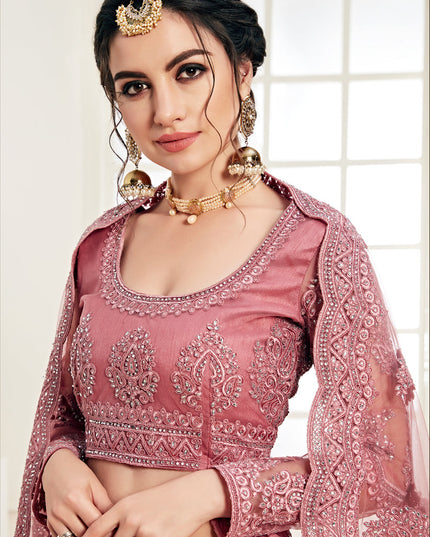 Dashing Old Rose Net Embroidered Designer Lehenga Choli