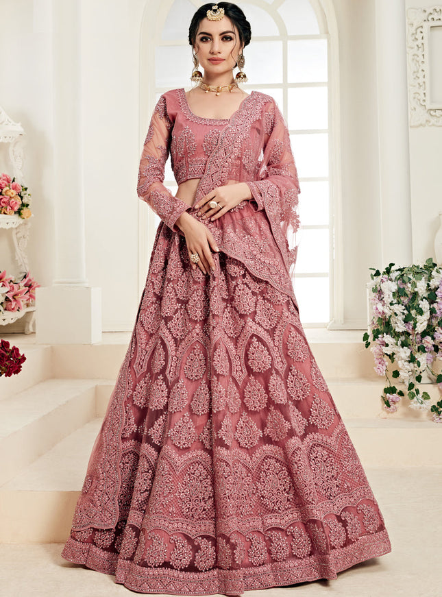 Dashing Old Rose Net Embroidered Designer Lehenga Choli