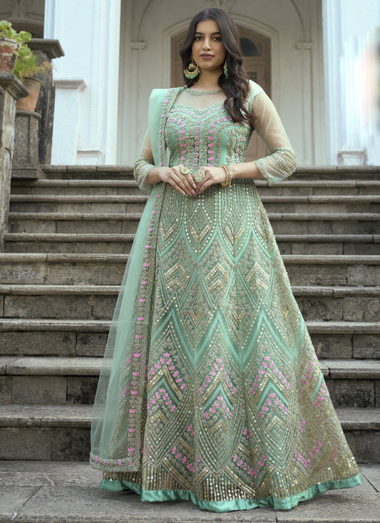 Aqua Mint Net Embroidered Anarkali Suit