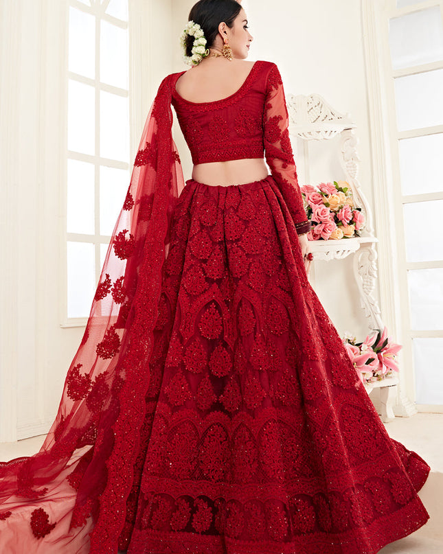Vibrant Scarlet Red Net Embroidered Designer Lehenga Choli