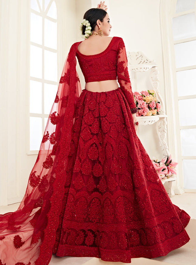 Vibrant Scarlet Red Net Embroidered Designer Lehenga Choli