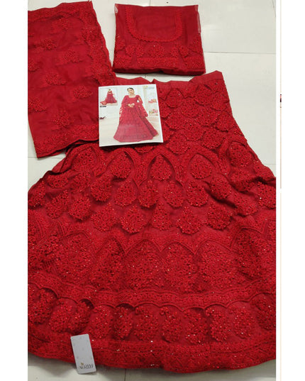 Vibrant Scarlet Red Net Embroidered Designer Lehenga Choli