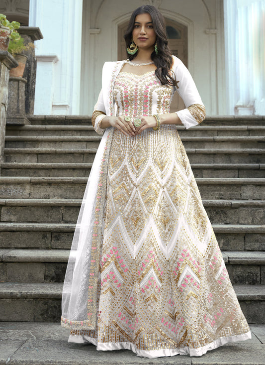 White Net Embroidered Anarkali Suit