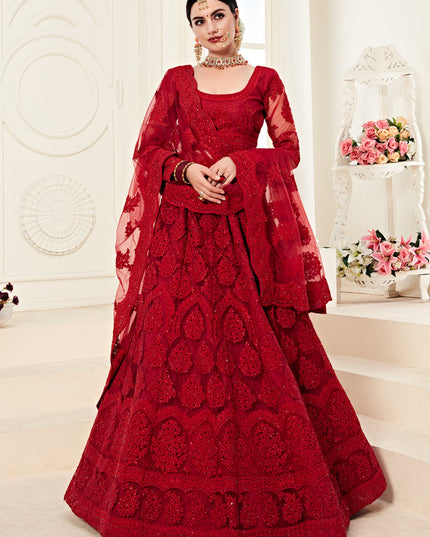 Vibrant Scarlet Red Net Embroidered Designer Lehenga Choli