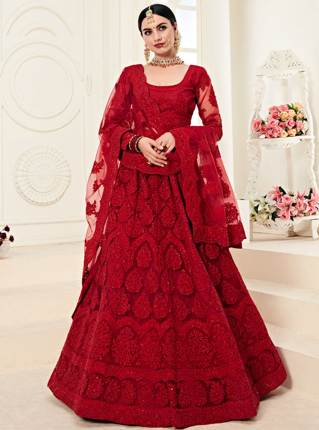 Vibrant Scarlet Red Net Embroidered Designer Lehenga Choli