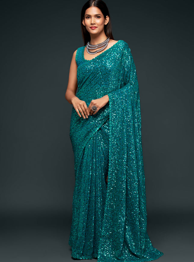 Charismatic Teal Blue Georgette Thread and Sequins Embroidery Saree
