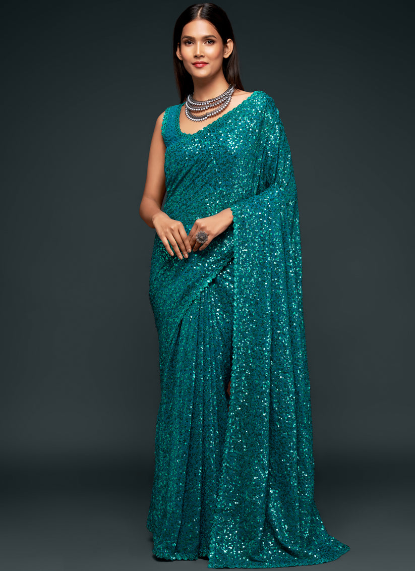 Charismatic Teal Blue Georgette Thread and Sequins Embroidery Saree