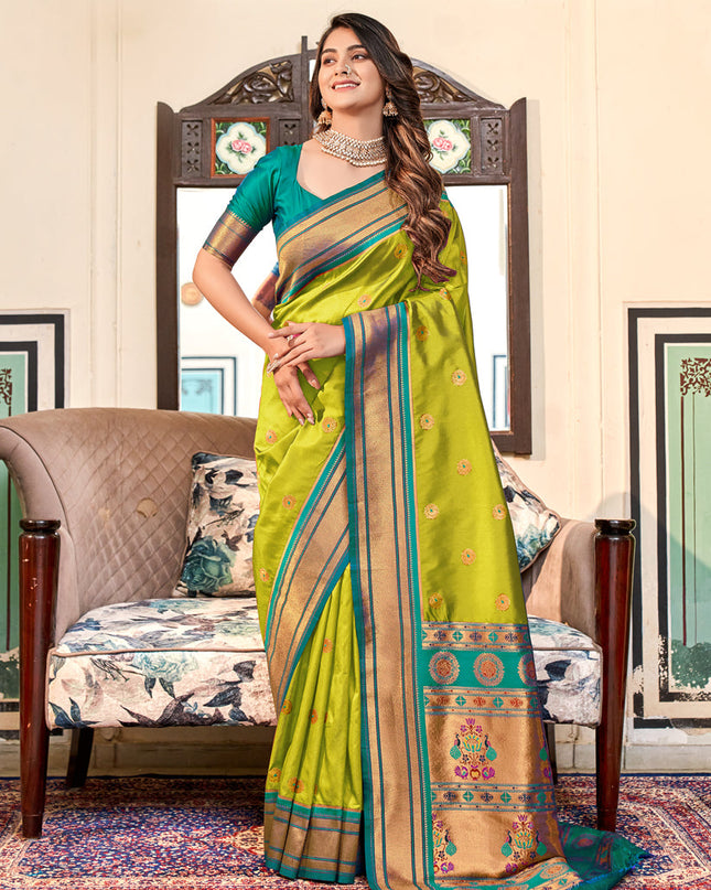Lime Green Peshwai Paithani Silk Woven Saree