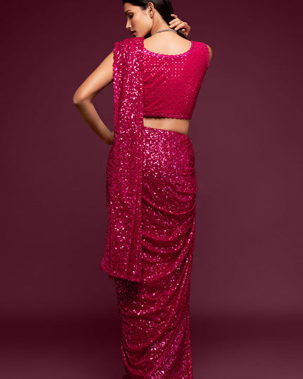 Spectacular Hot Pink Georgette Thread and Sequins Embroidery Saree