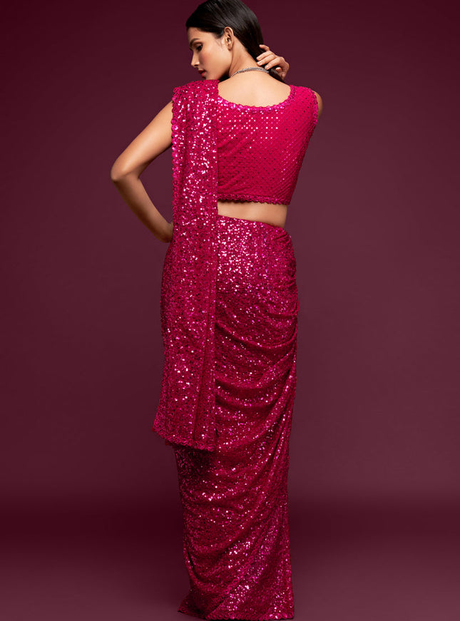 Spectacular Hot Pink Georgette Thread and Sequins Embroidery Saree