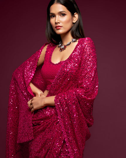 Spectacular Hot Pink Georgette Thread and Sequins Embroidery Saree