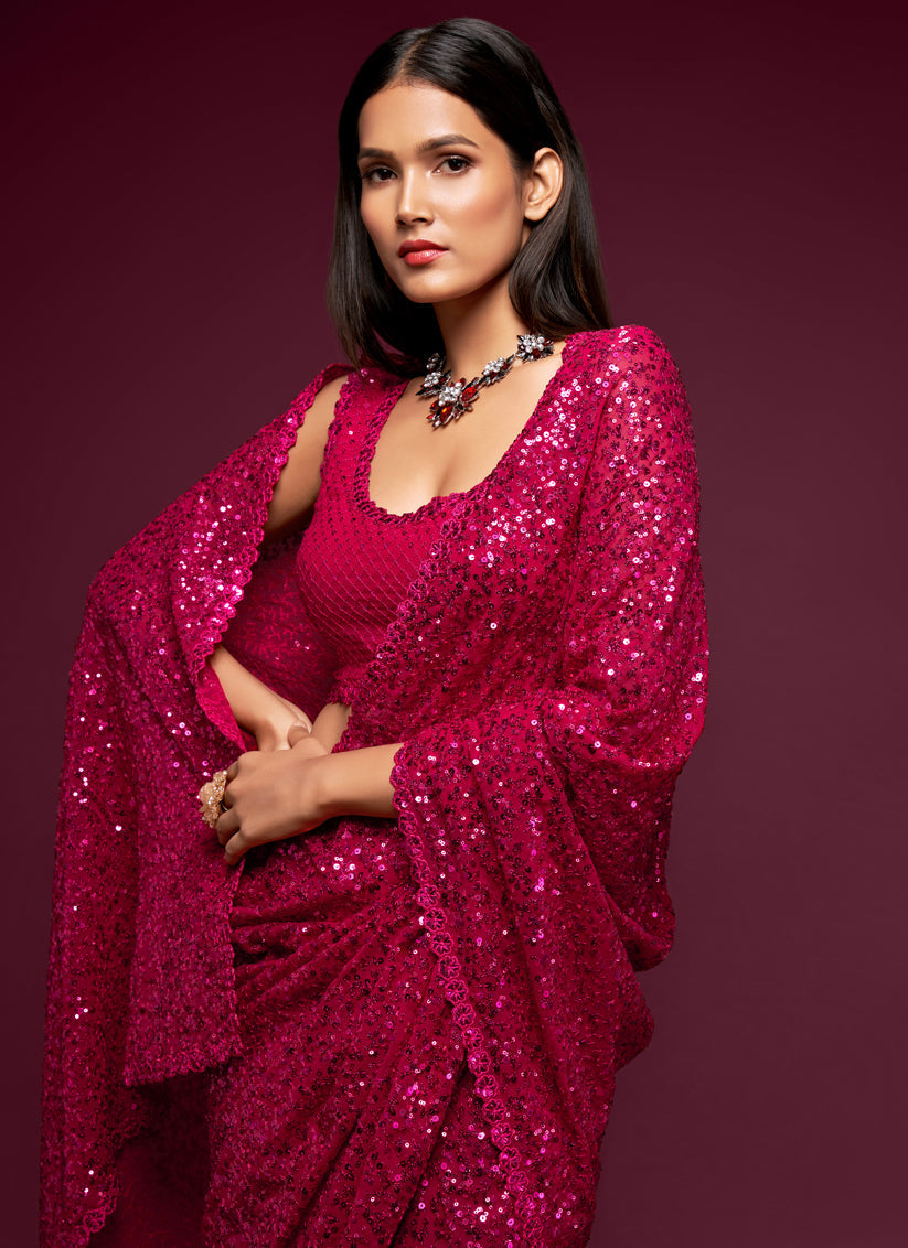 Spectacular Hot Pink Georgette Thread and Sequins Embroidery Saree