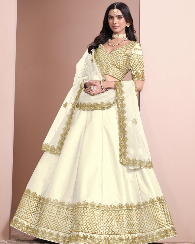 cream art silk embroidered lehenga choli for wedding