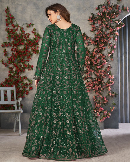 Bottle Green Net Embroidered Pant Kameez