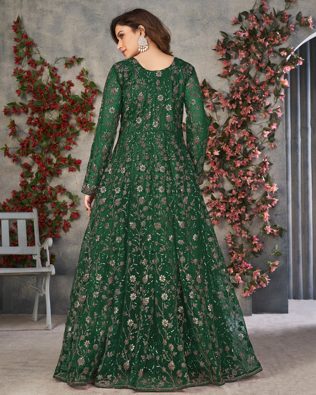 Bottle Green Net Embroidered Pant Kameez