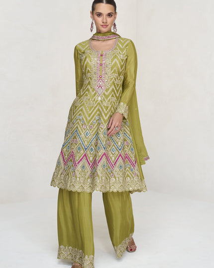 Lime Green Chinnon Embroidered Palazzo Kameez