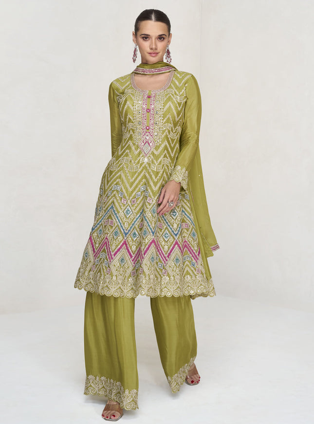 Lime Green Chinnon Embroidered Palazzo Kameez