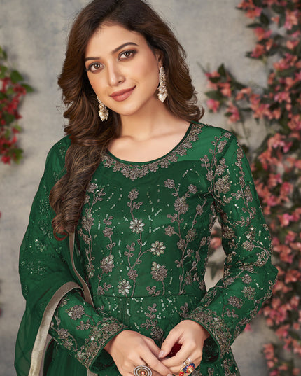 Bottle Green Net Embroidered Pant Kameez